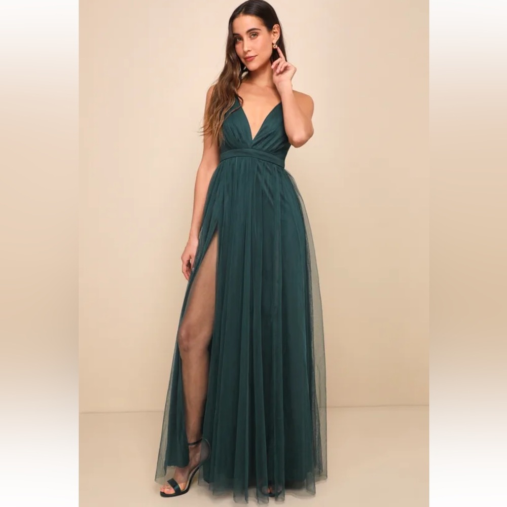 Lulus Rare Beauty Hunter Green Tulle Backless Maxi Dress